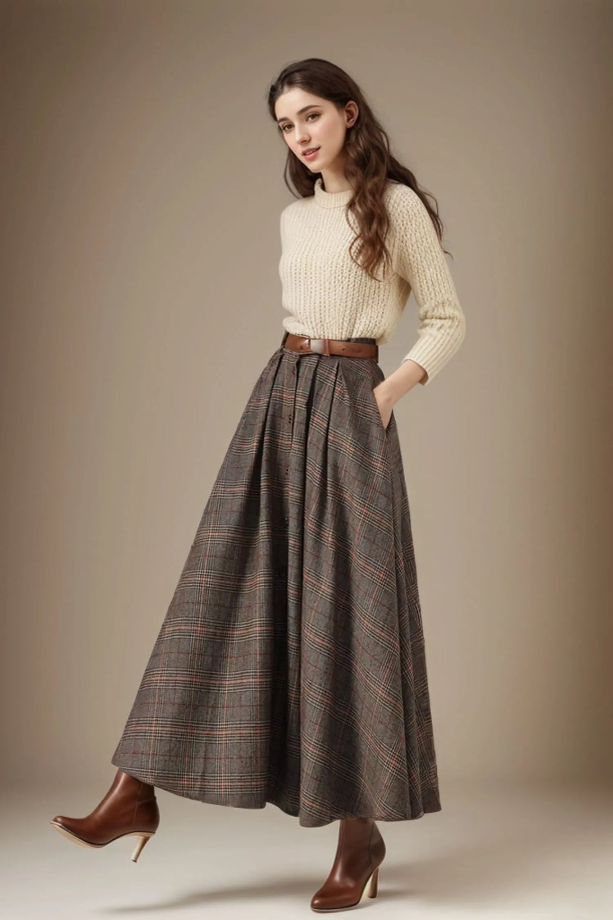 Plaid Wool Maxi Skirt – Handmade Brown Winter Full Skirt with Pockets 