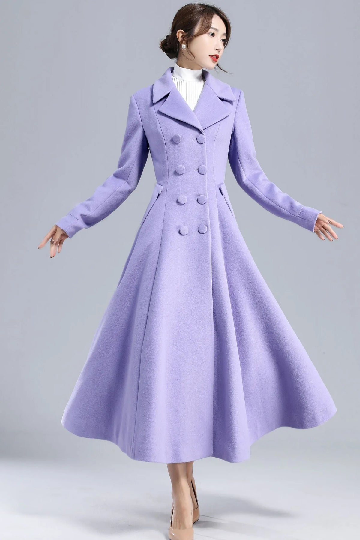 Purple Wool Fit-and-Flare Long Coat - Double-Breasted Elegant Silhouette 3232