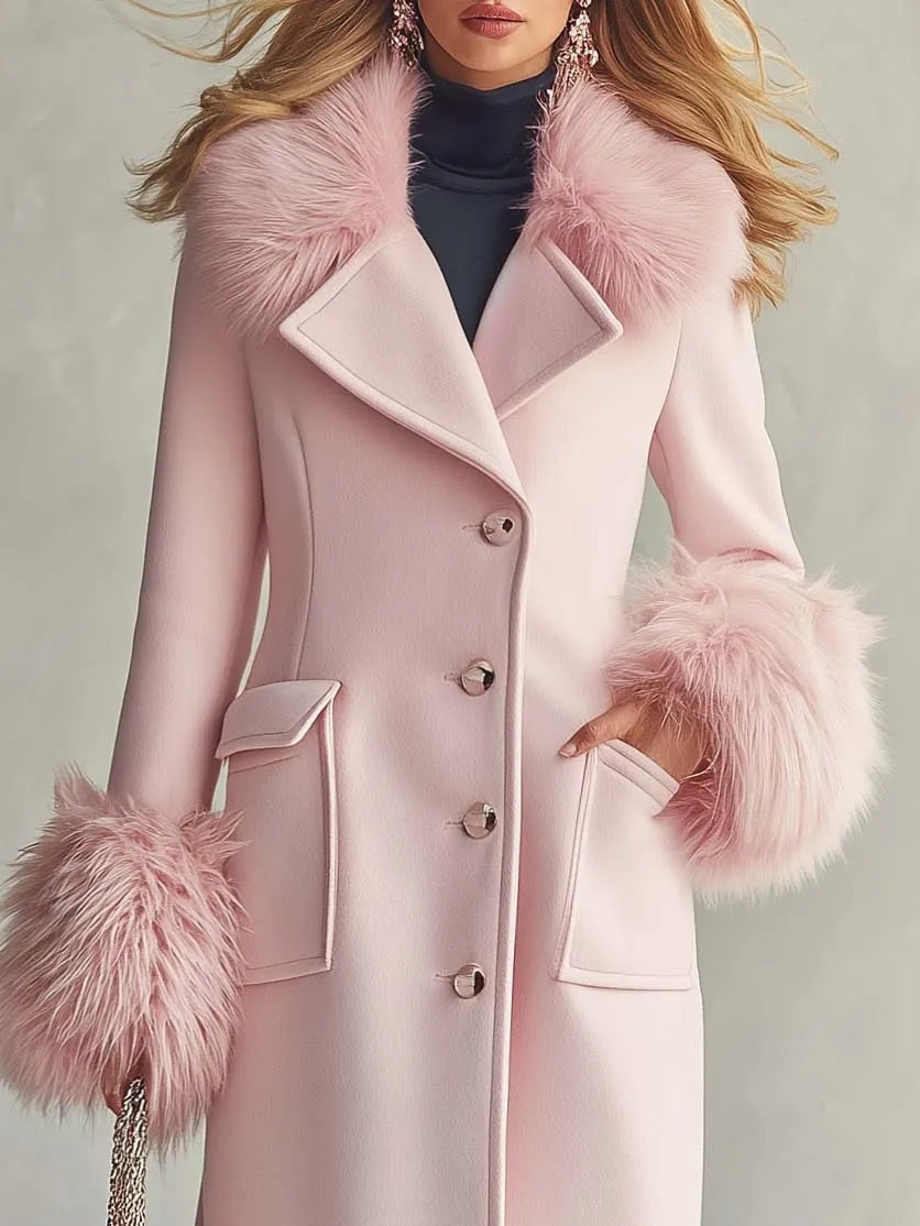 Elegant Faux-fur Collar And Cuffs Long Pink Wool-blend Coat