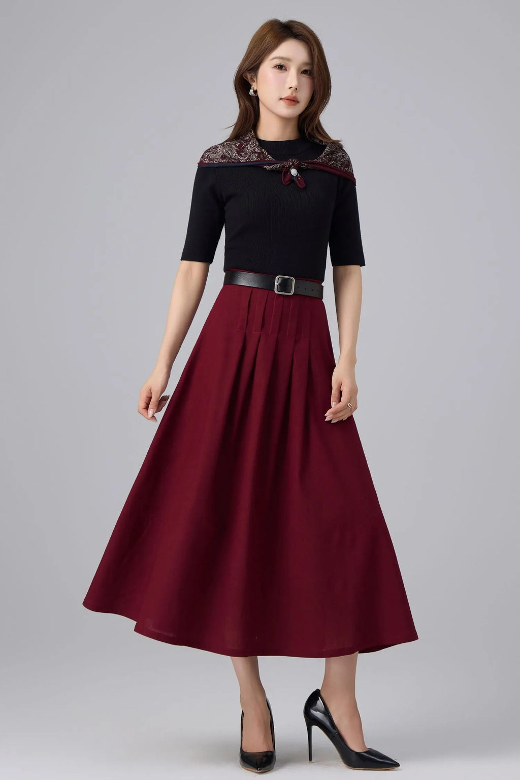 Burgundy Linen Midi Skirt - High Waist Pleated A-Line 