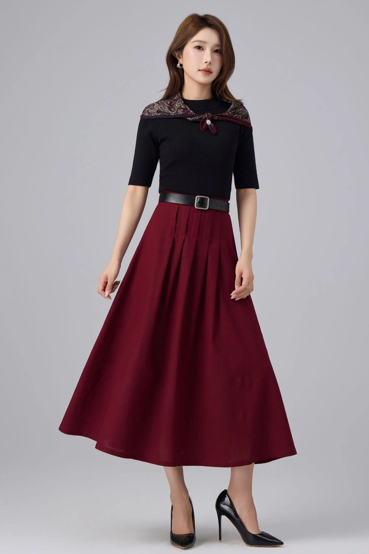 Burgundy Linen Midi Skirt - High Waist Pleated A-Line 