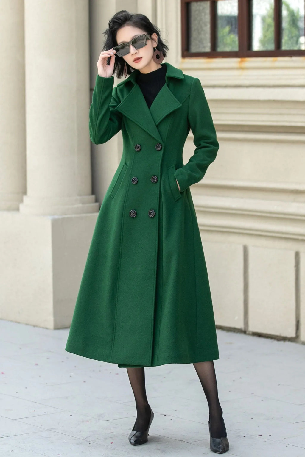Green Wool Midi Coat - Double Breasted Tailored Fit 5349