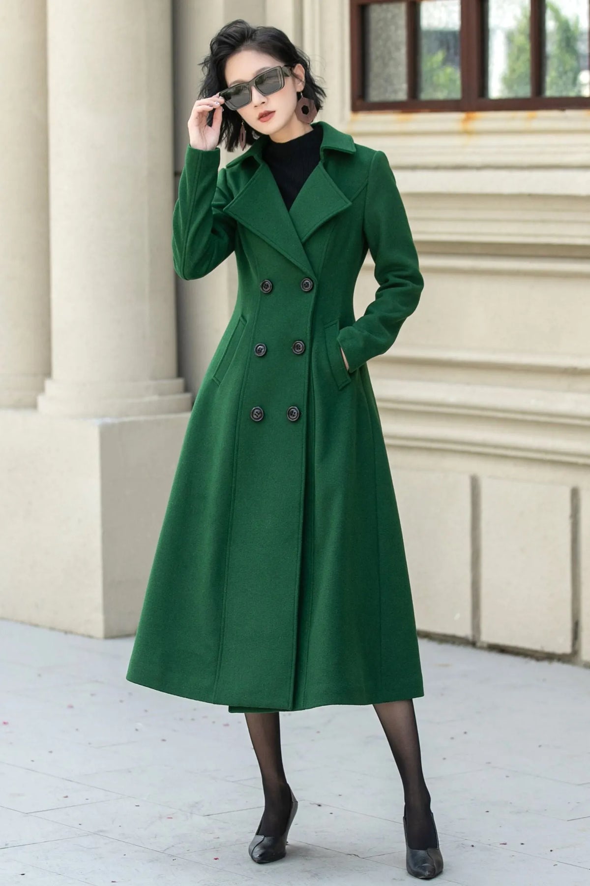 Double Breasted Wool Coat – Elegant Green Winter Overcoat for Women 6298