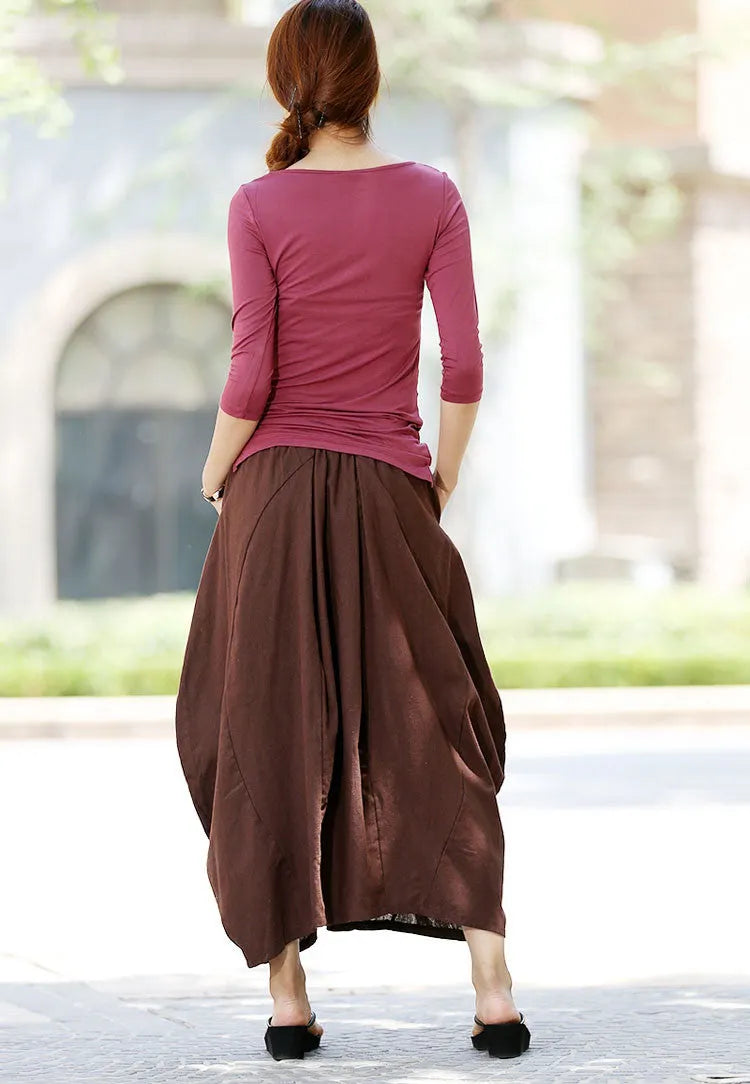 Brown Linen Skirt - Maxi Length with Elastic Waist and Pockets 1026