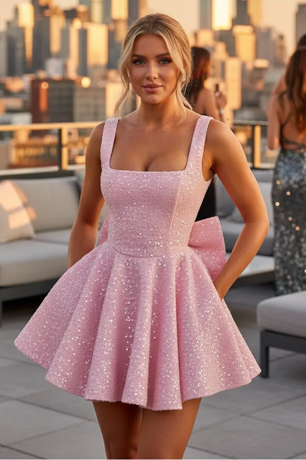 U-Neck Bow Detail Shiny A-Line Mini Dress