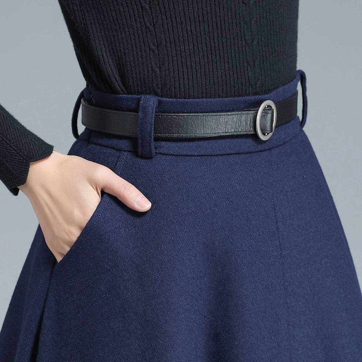 Navy Wool Maxi Skirt - High Waist, Elastic Back 3140