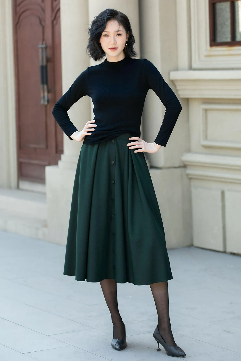 Green Wool Midi Skirt - High-Waisted A-Line with Button Detail 6562