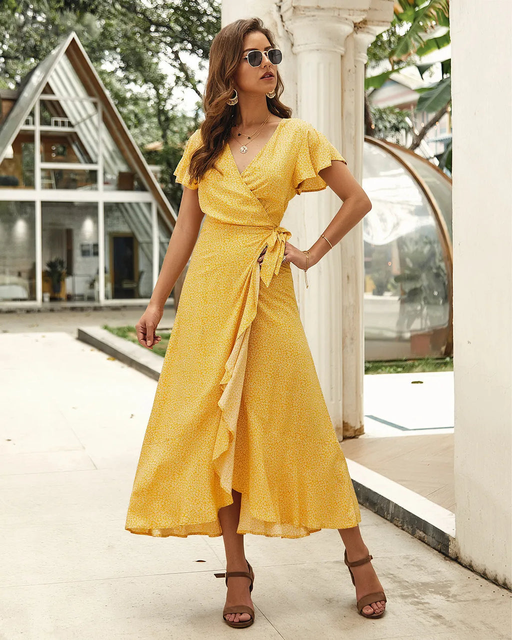 Riva Puff Sleeve Shimmer Wrap Maxi Dress