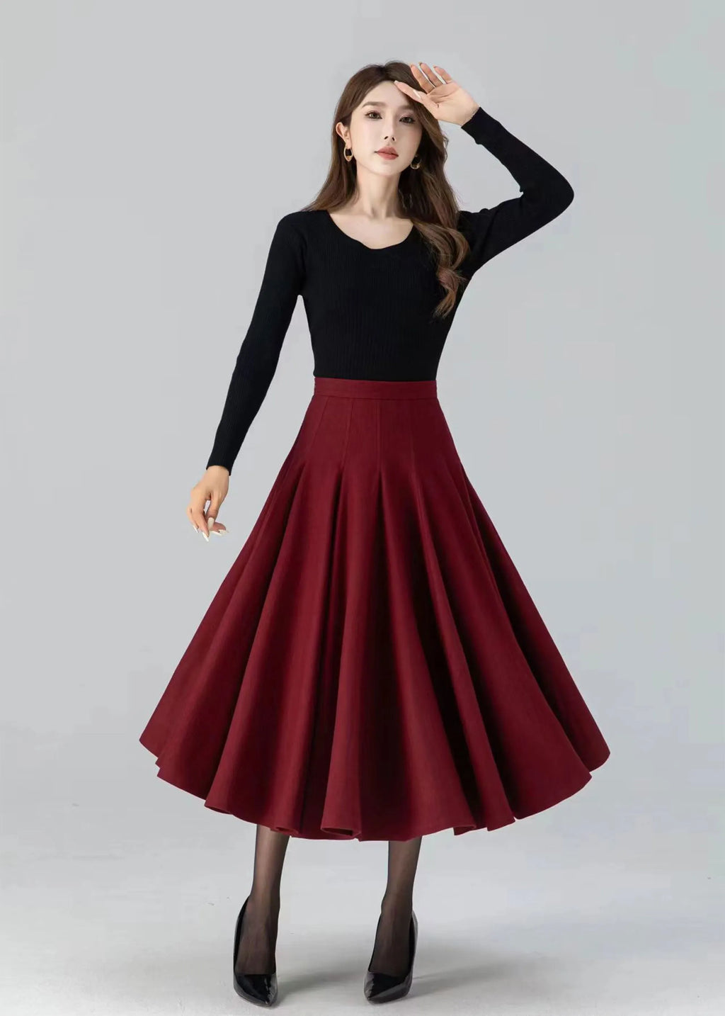 Women's Red Wool Swing Midi Skirt – Warm Winter Pleated High Waist Skirt 