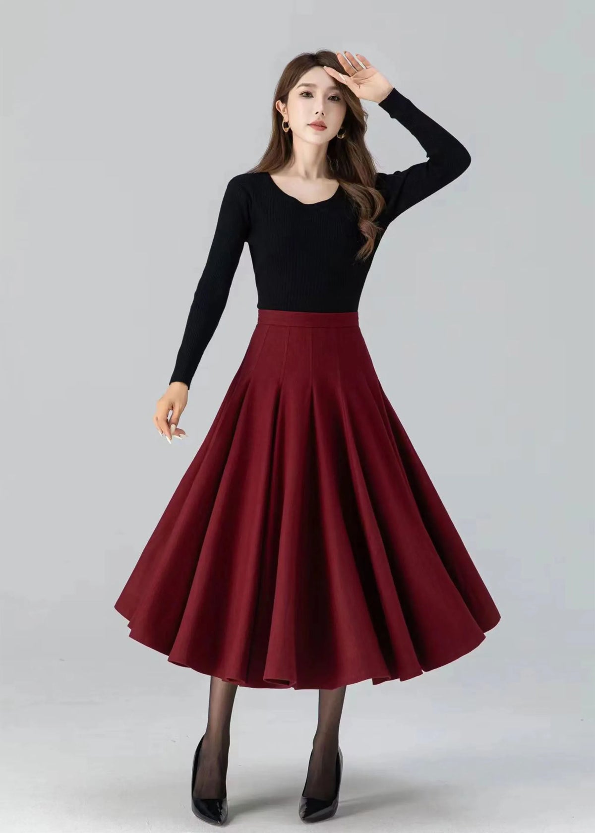 Women's Red Wool Swing Midi Skirt – Warm Winter Pleated High Waist Skirt 