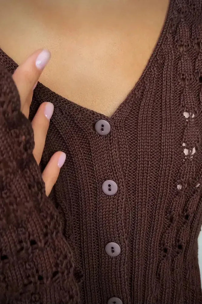Hollow Out Knit V Neck Long Sleeve Cardigan
