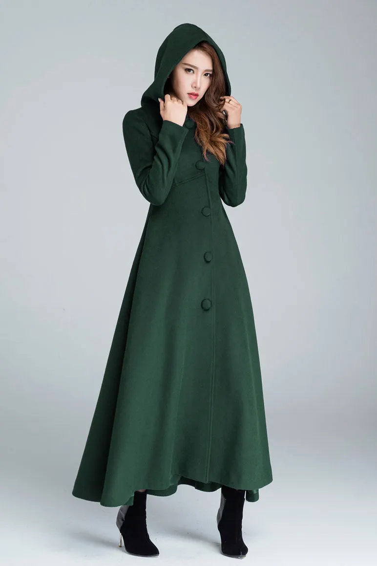 Black Wool Hooded Coat – Vintage A-Line Maxi Overcoat for Women 1839