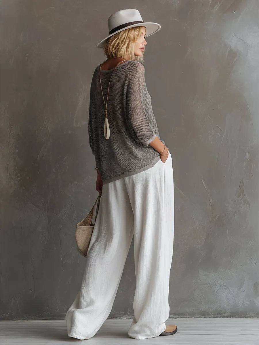 Simple Urban Gray Cotton Linen Wide-leg Pants