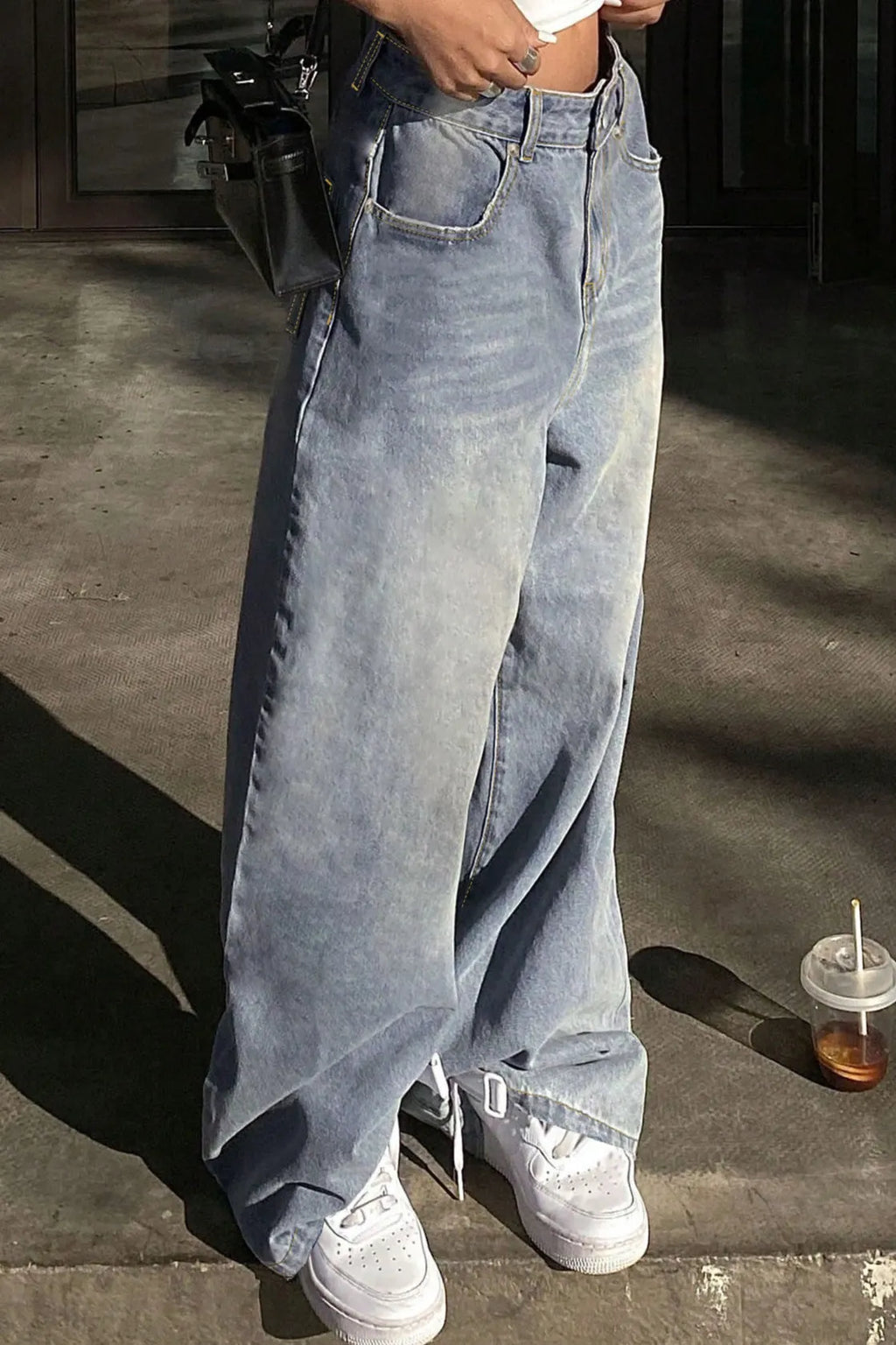 Washed Wide Leg Floor Length Jeans