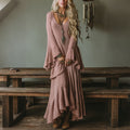 Elegant V-neck Sheer High-waisted Openwork Woven Flared Long-sleeved Oversized Dress
