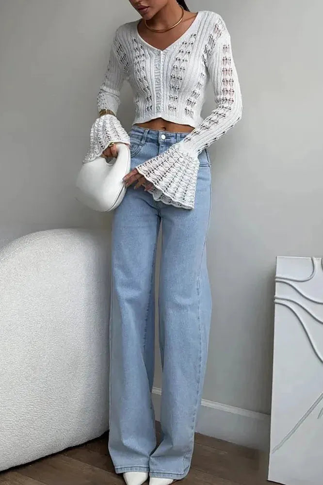 Hollow Out Knit V Neck Long Sleeve Cardigan
