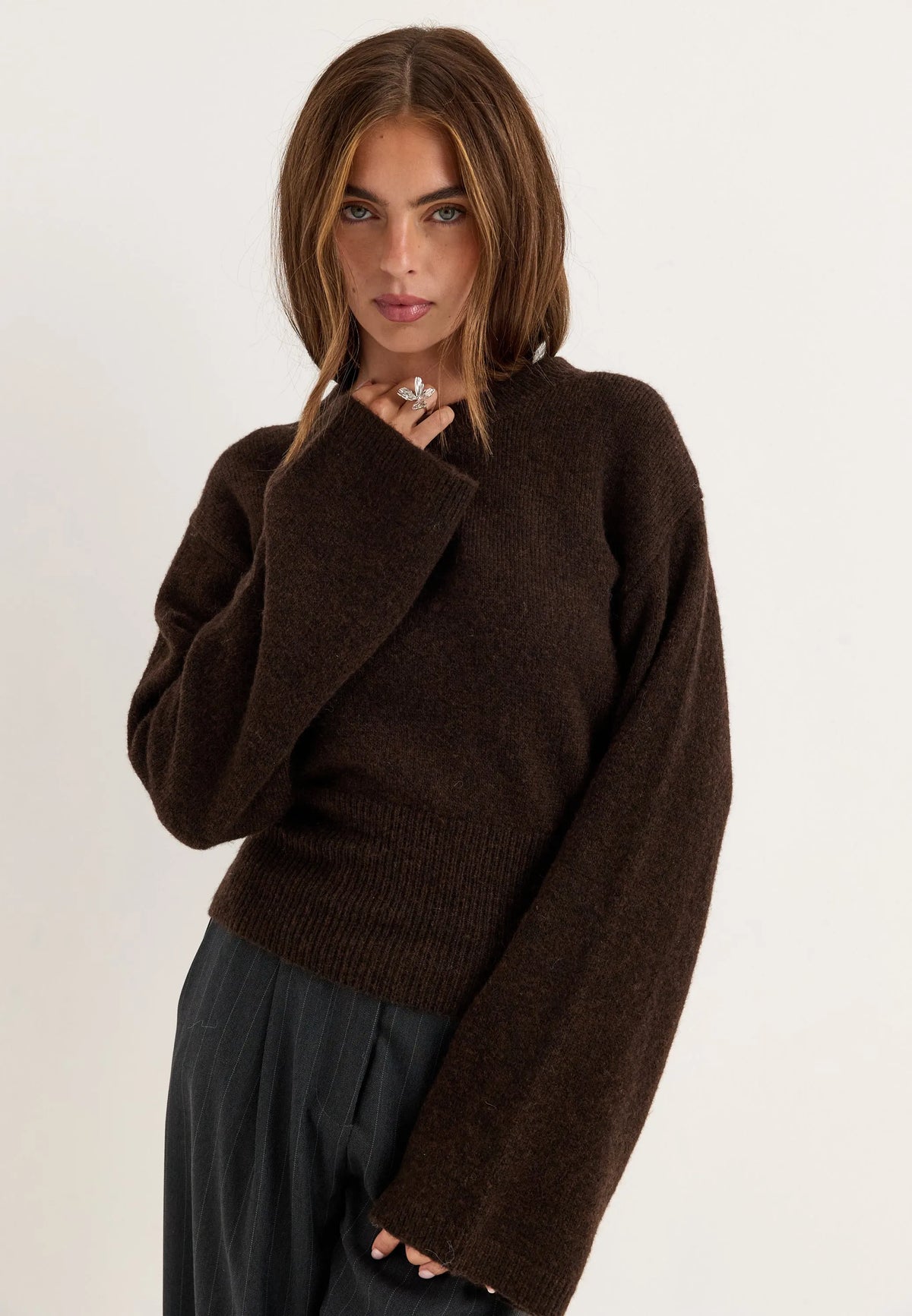 Knitted Wool Blend Wide Sleeve Sweater