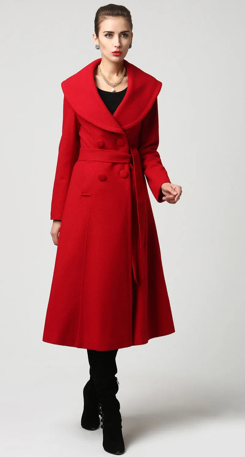 Red Wool Midi Coat – Double Breasted Winter Coat with Shawl Collar 1116
