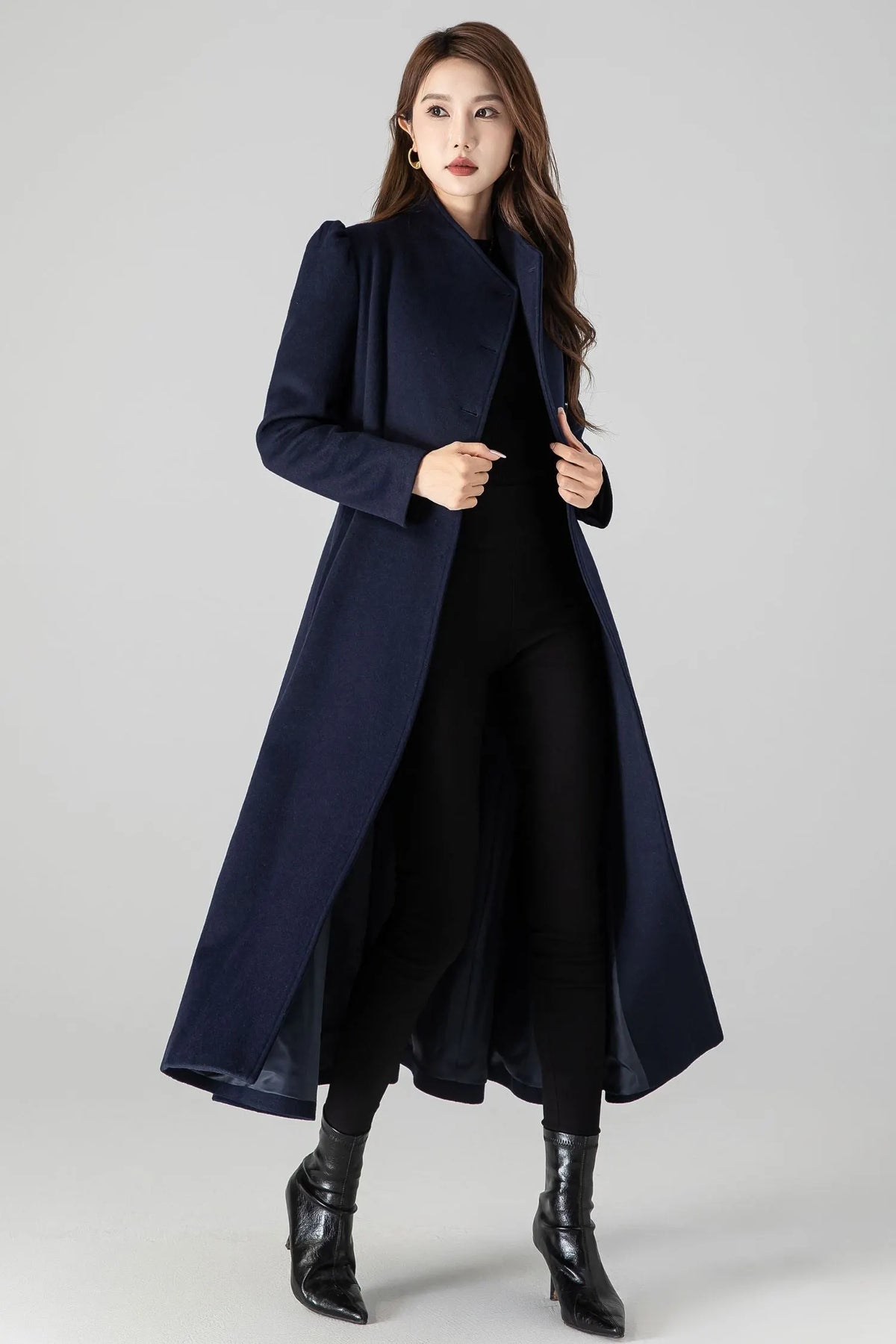 Dark Blue Wool Blend A-Line Coat - Long Silhouette with Pockets 4506