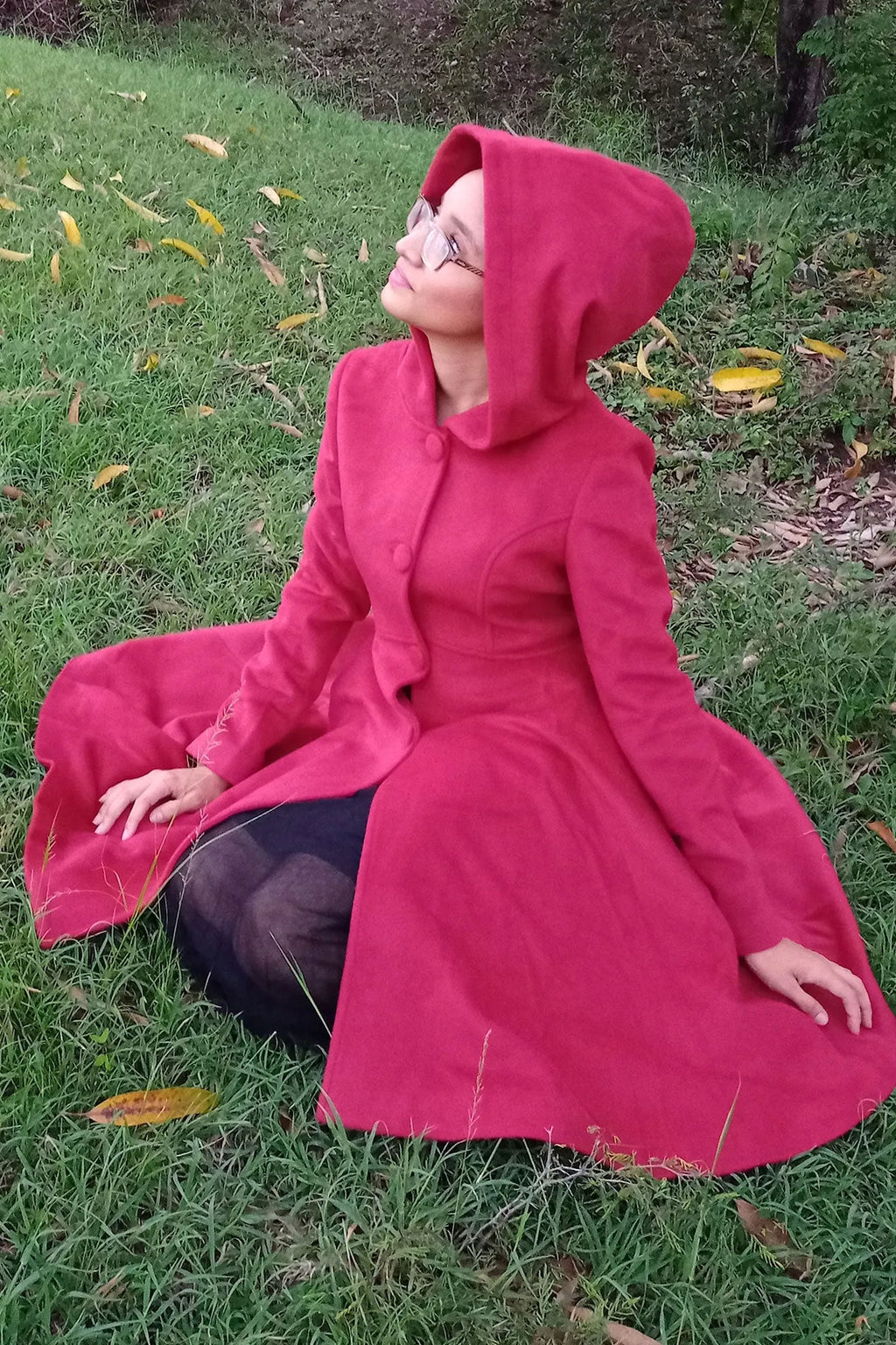 Red Wool Hooded Coat - Fit and Flare Swing Silhouette 3226