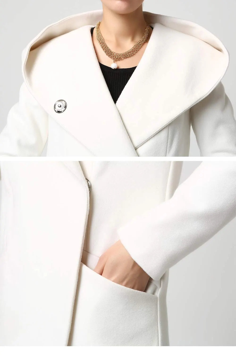 White Wool Blend Coat - Draped Hood Asymmetric Hem 