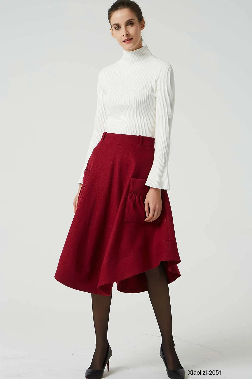 Red Wool Skirt - High Waisted with Asymmetrical Hem and Pockets 2051