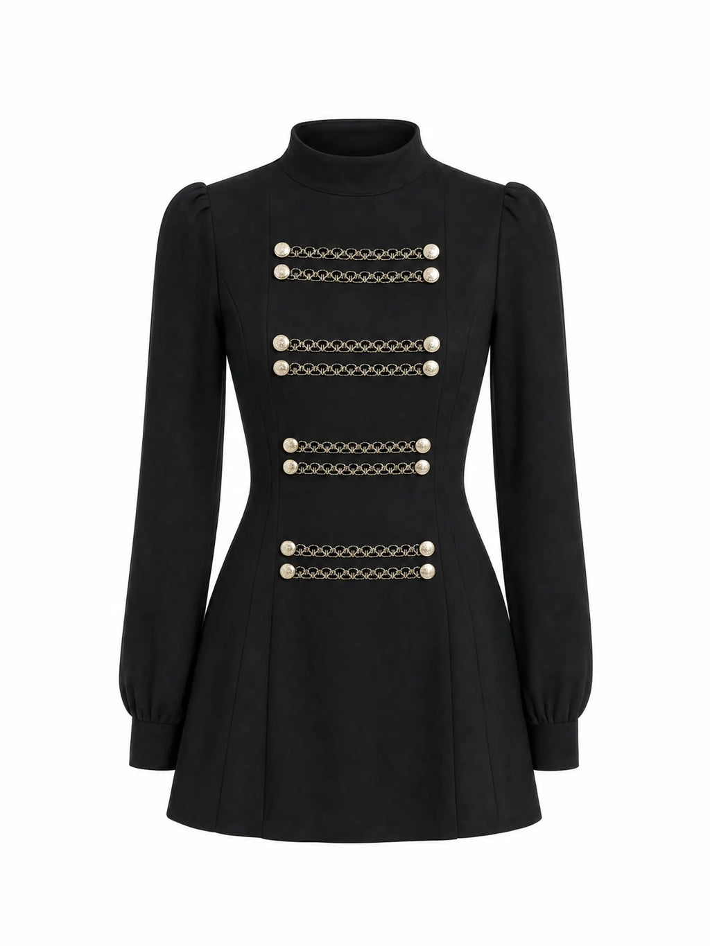 Vintage Military‑Style High Neck Gold Button Long Sleeve A‑Line Mini Dress