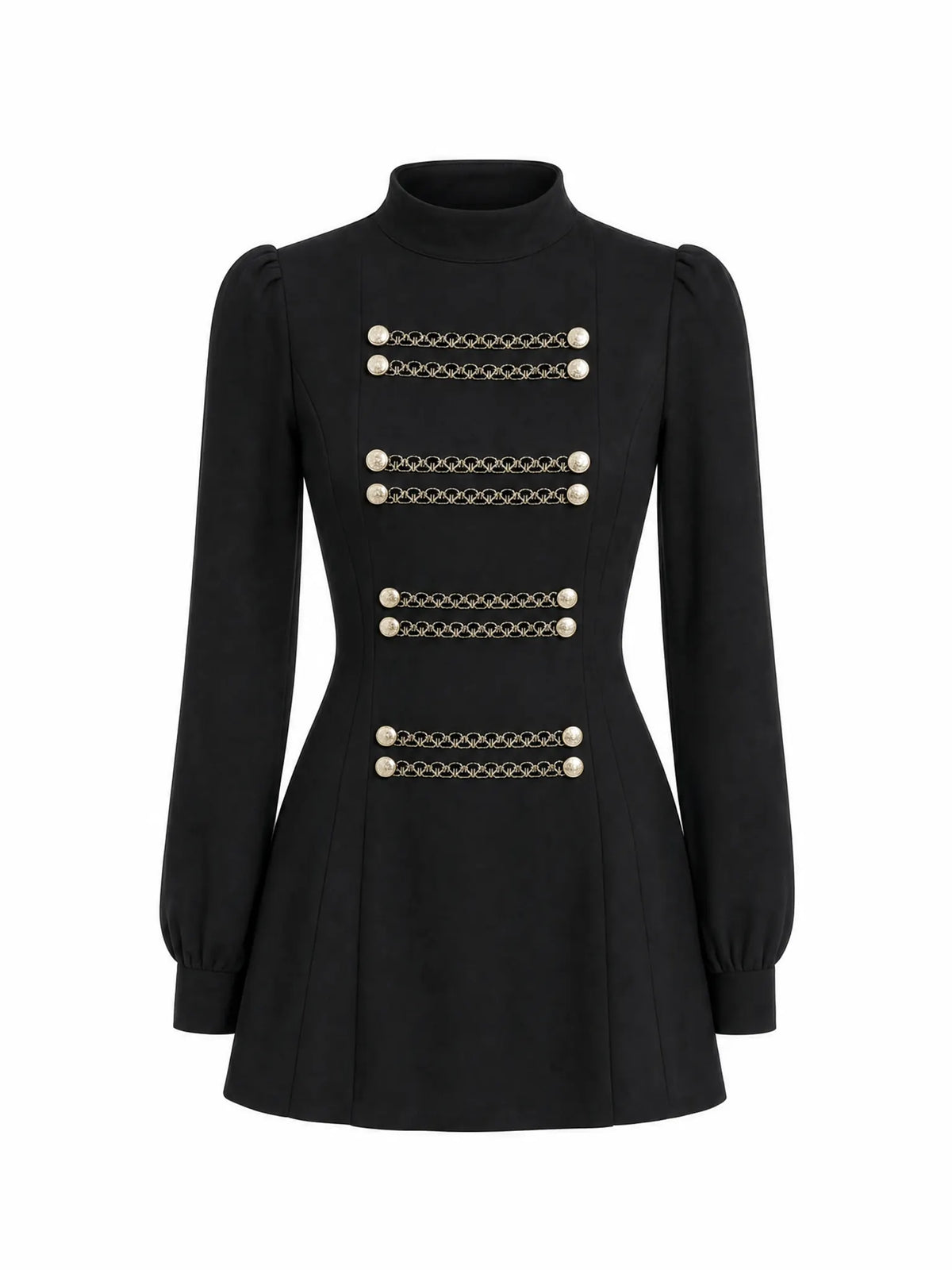 Vintage Military‑Style High Neck Gold Button Long Sleeve A‑Line Mini Dress