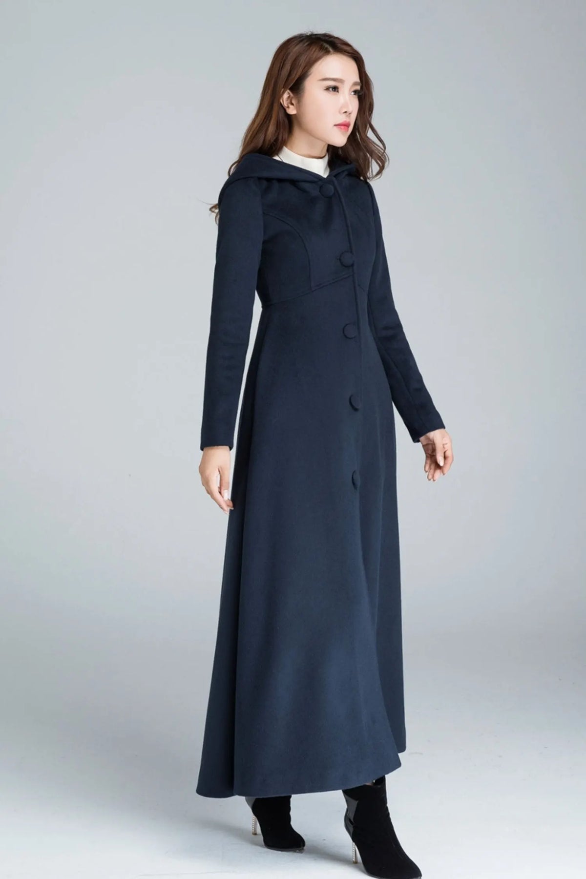 Handmade Blue Wool Coat – Vintage Inspired Hooded Maxi Overcoat 1637