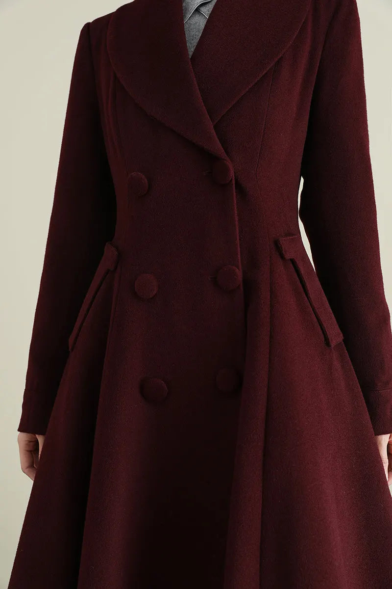 Elegant Wool Blend Coat – Double Breasted A-Line Long Overcoat 