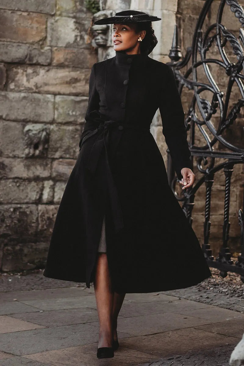 Handmade Black Wool Coat – Long Single-Breasted High-Collar Winter Overcoat for Women 