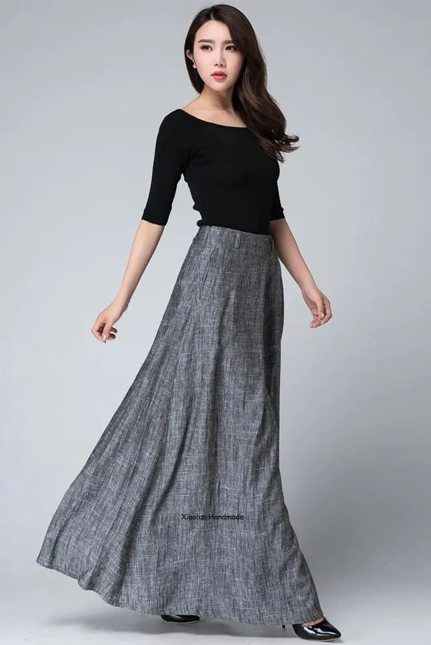 Grey Linen Cotton Maxi Skirt – Women’s High Waist Pleated Long Skirt 1506