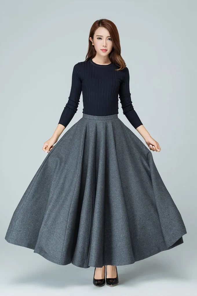 Grey Wool Blend Maxi Circle Skirt - Pleated A-Line 