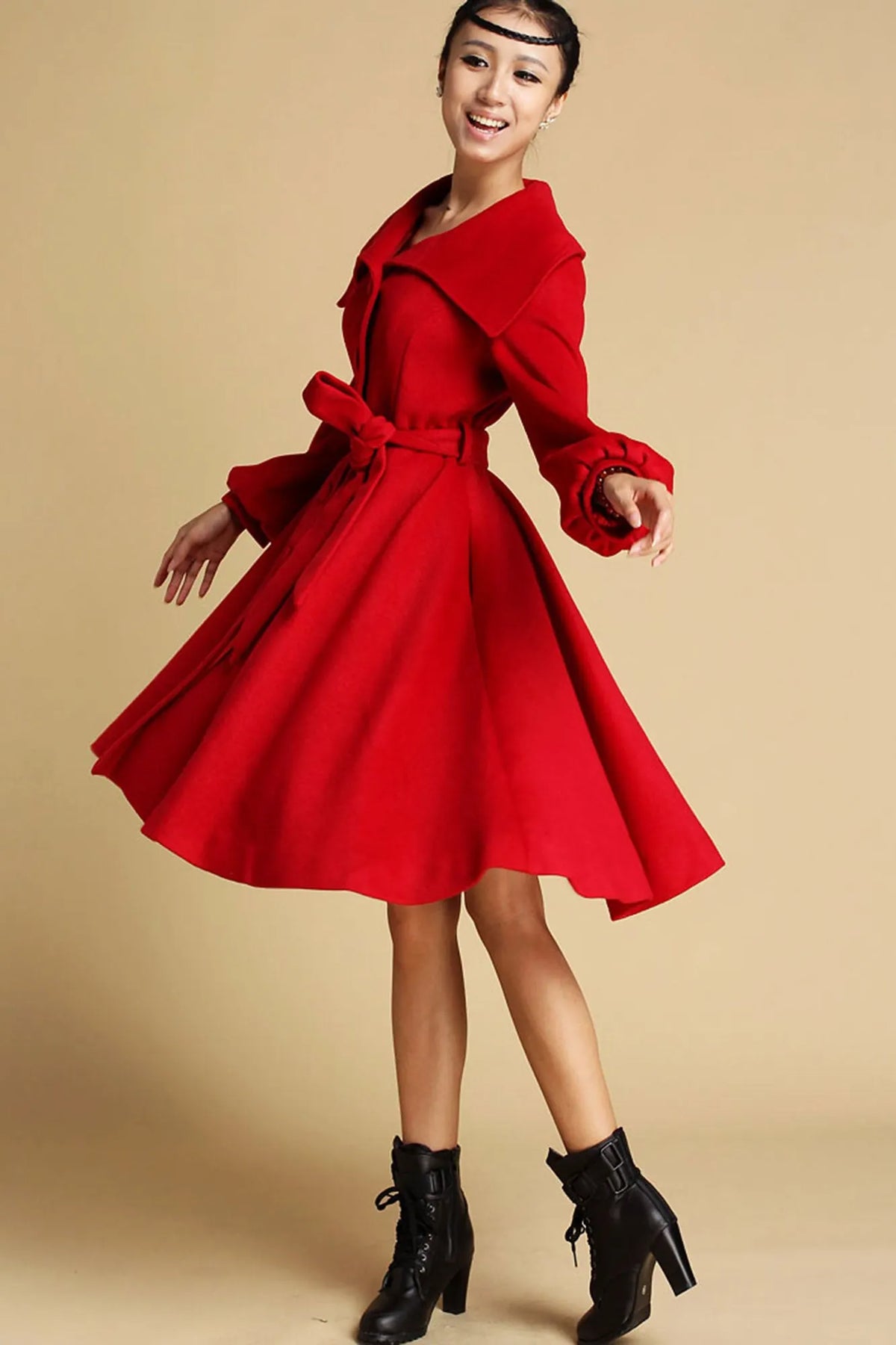 Army Green Wool Coat - Belted Swing Silhouette 3131