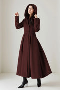 Burgundy Hooded Wool Maxi Coat – Vintage Swing Long Winter Overcoat 5242