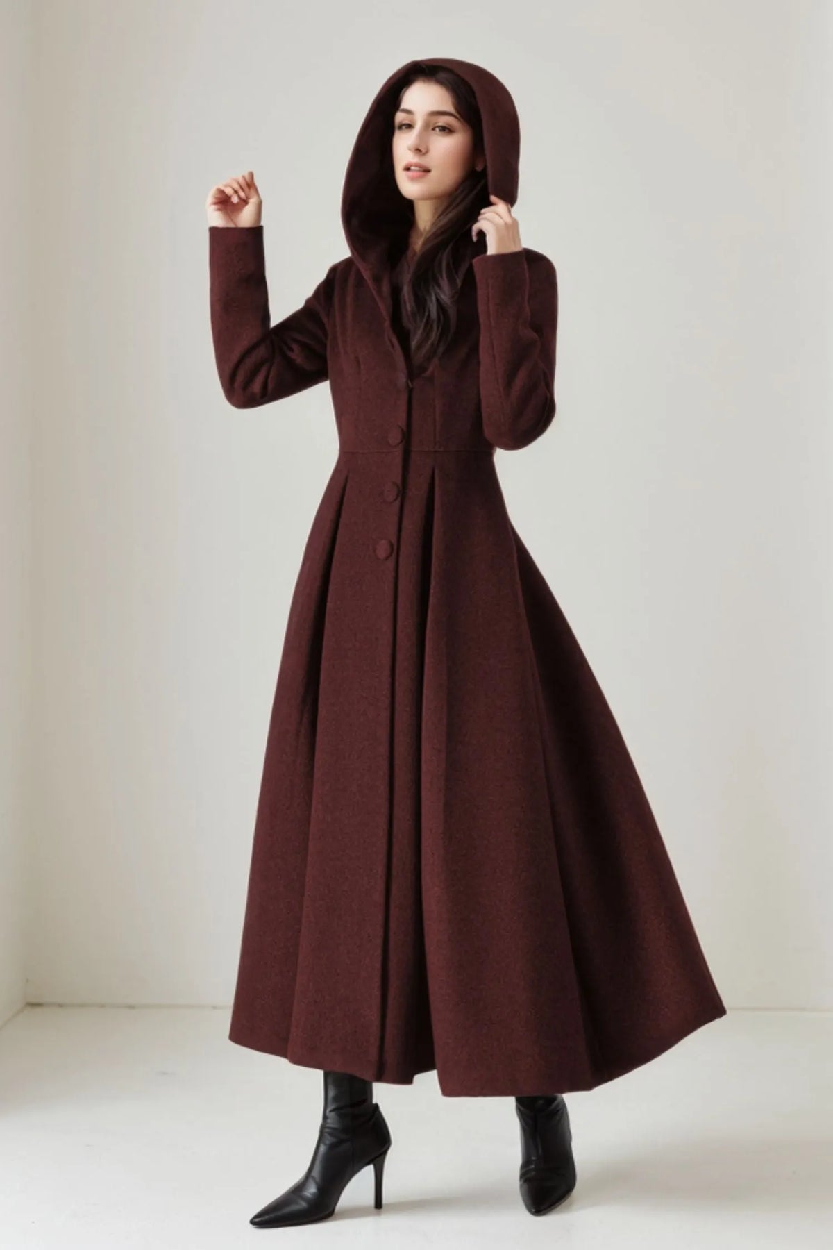 Burgundy Hooded Wool Maxi Coat – Vintage Swing Long Winter Overcoat 5242