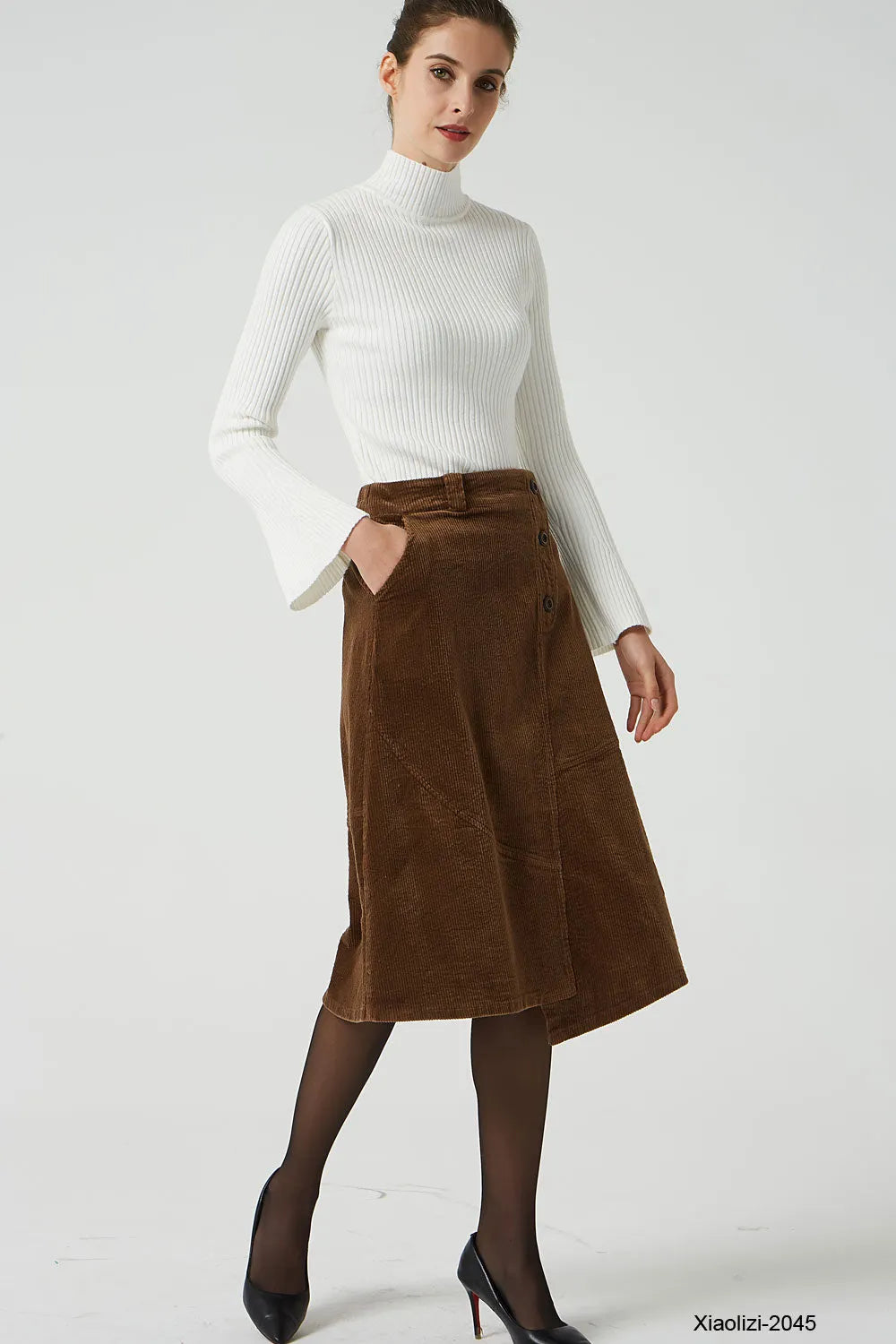 Brown Corduroy Knee Length Skirt - A-Line with Elastic Waistband 2045