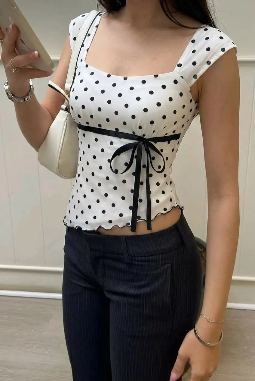 Polka Dot Ribbon Tie Square Neck Crop Top
