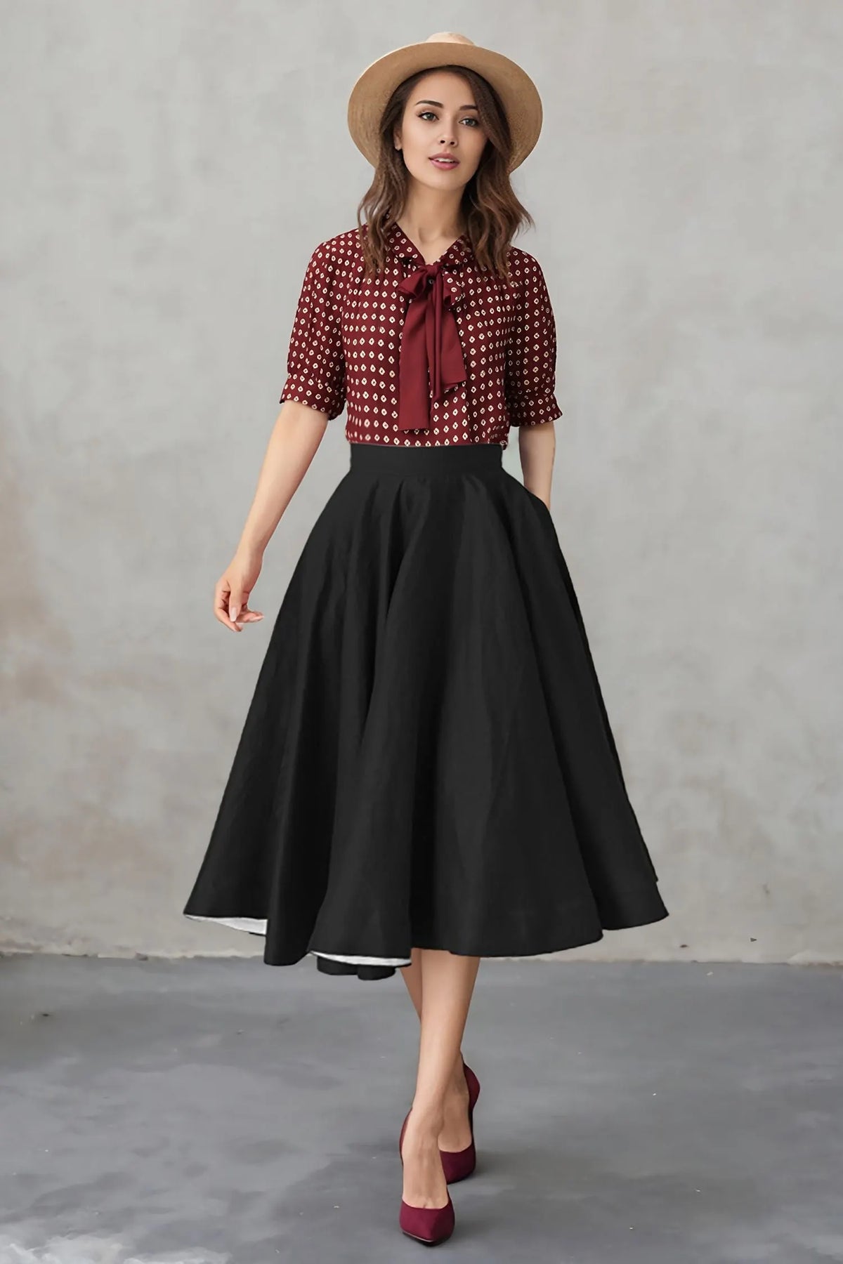 Black Linen Midi Skirt - High Waist A-Line 