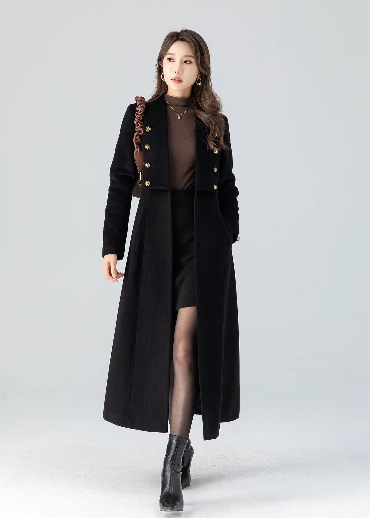 Black Wool Midi Coat - A-Line Swing Fit with Gold Button Detail 4783