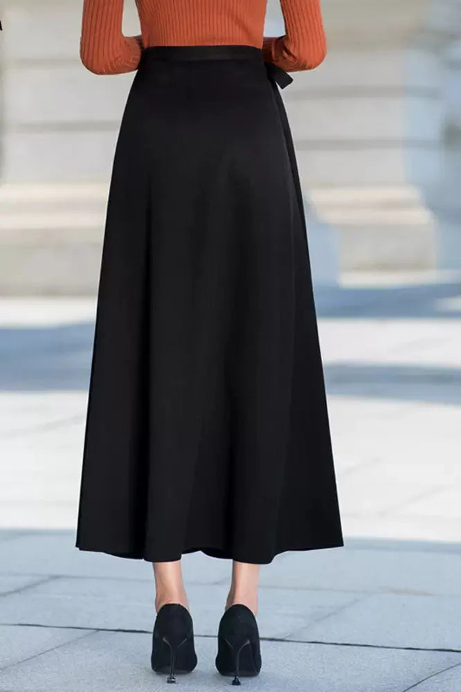 Black Cotton Blend A-Line Maxi Skirt - High Waist Wrap with Belt 40