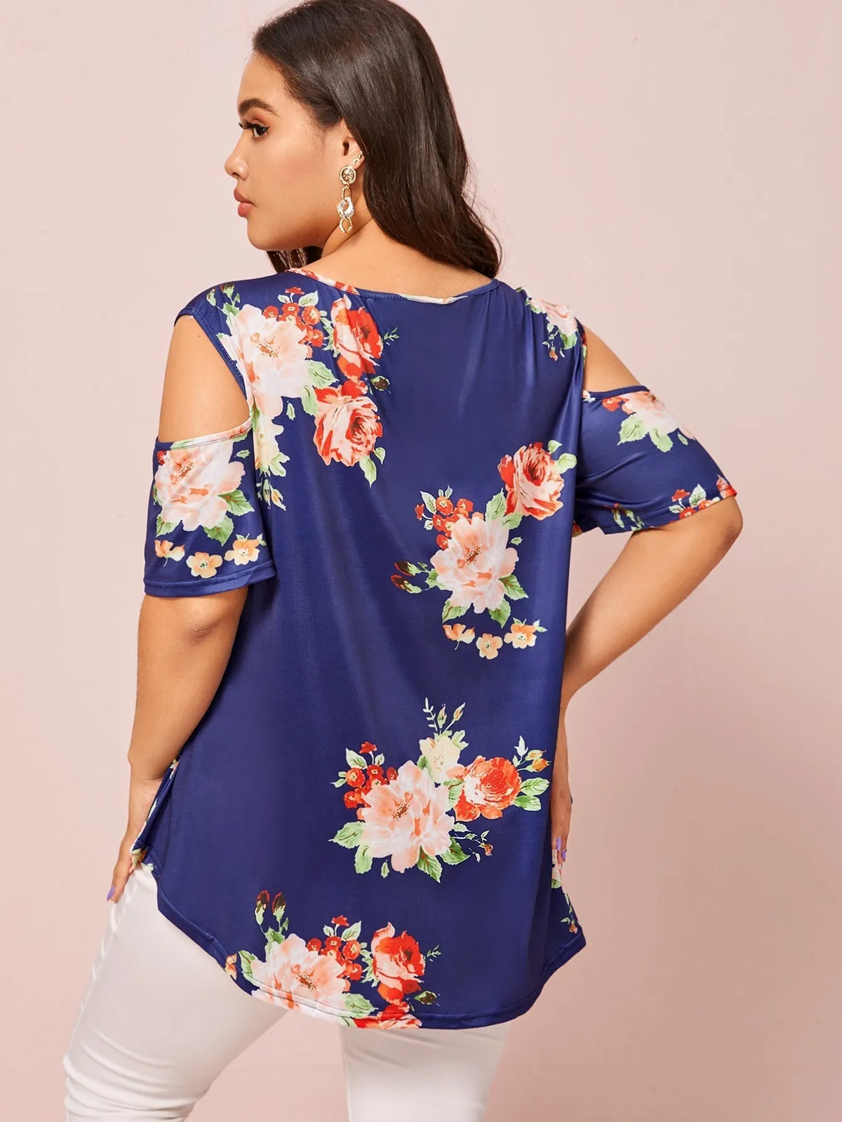 KittenAlarm - Plus v neck Cold Shoulder large floral plant print short sleeve tee top