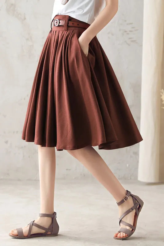 Brown Linen Cotton Midi Skirt - Pleated A-Line High Waist 2589