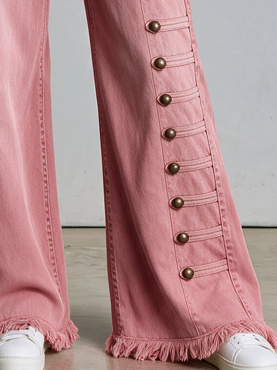 Vintage Button-down Washed Pink Flared Frayed Jeans