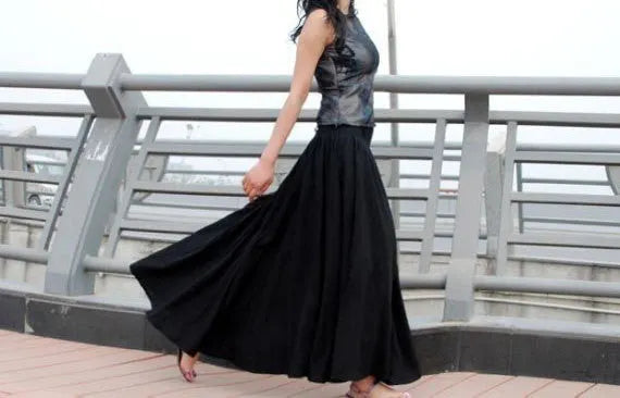 Black Soft Linen Maxi Skirt - High Waisted Full Pleated with Pockets MM67