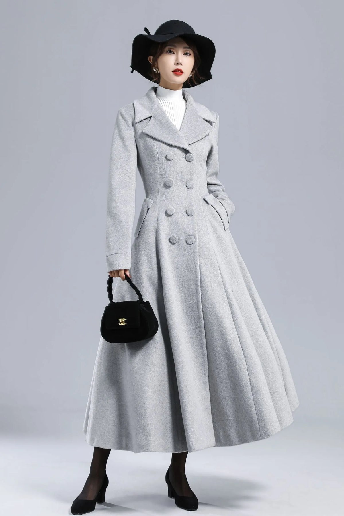 Light Gray Wool Coat – Elegant Double-Breasted Fit and Flare Winter Overcoat 3236