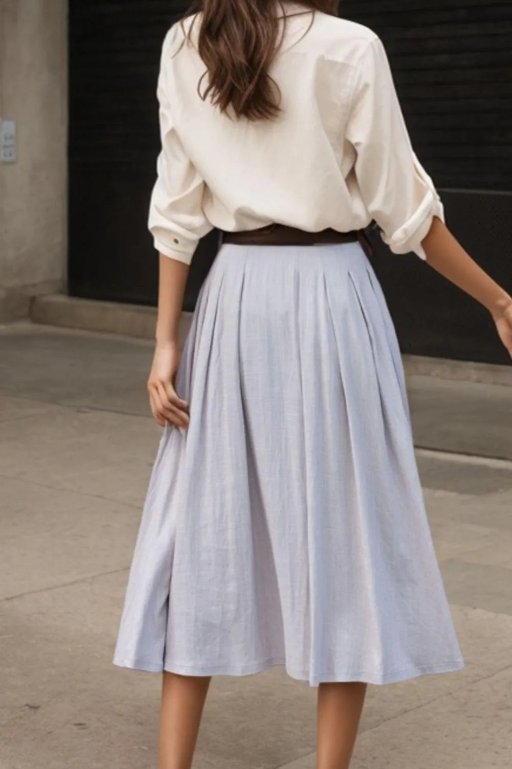 Light Grey Cotton Linen Midi Skirt - Pleated A-Line High Waist 3544