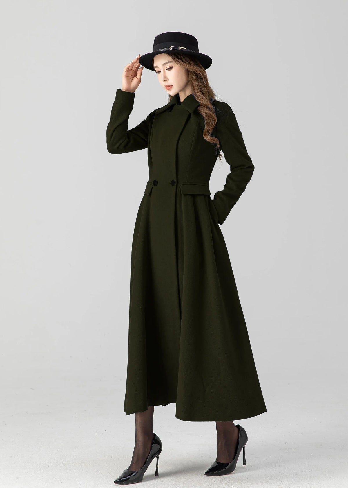 Army Green Wool Long Coat - Vintage Inspired A-Line Swing 5505