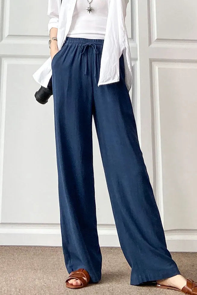 Navy Cotton Linen Wide Leg Pants - Elastic Waist Casual Comfort 3497