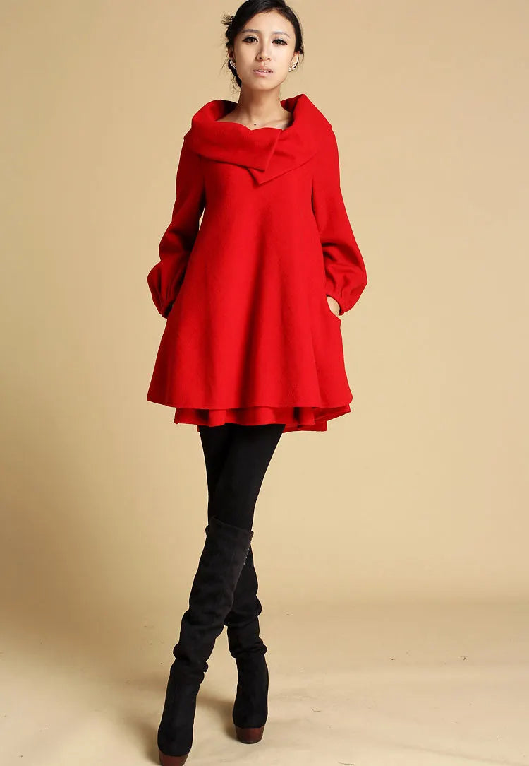 Red Wool Tunic Dress - Oversized Collar, Relaxed Fit Swing Silhouette 349